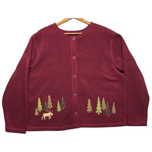 C&B Sport Red Fleece Christmas Moose Holiday Long Sleeve Button Up Top Women XL